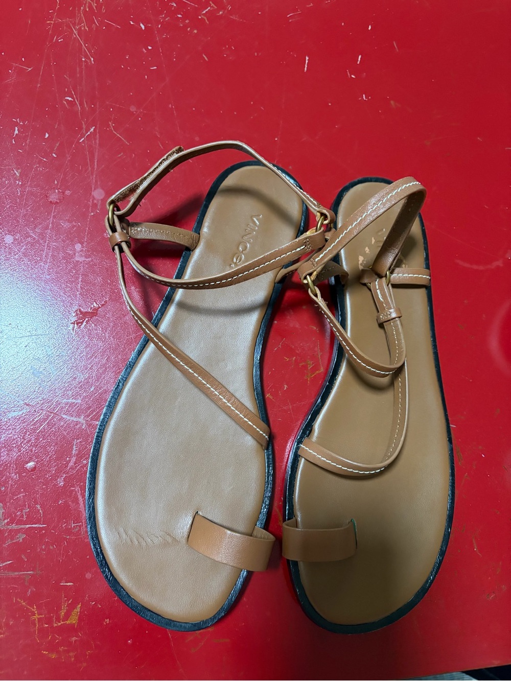 Vince Tan Leather T-Strap Ankle Buckle Sandals